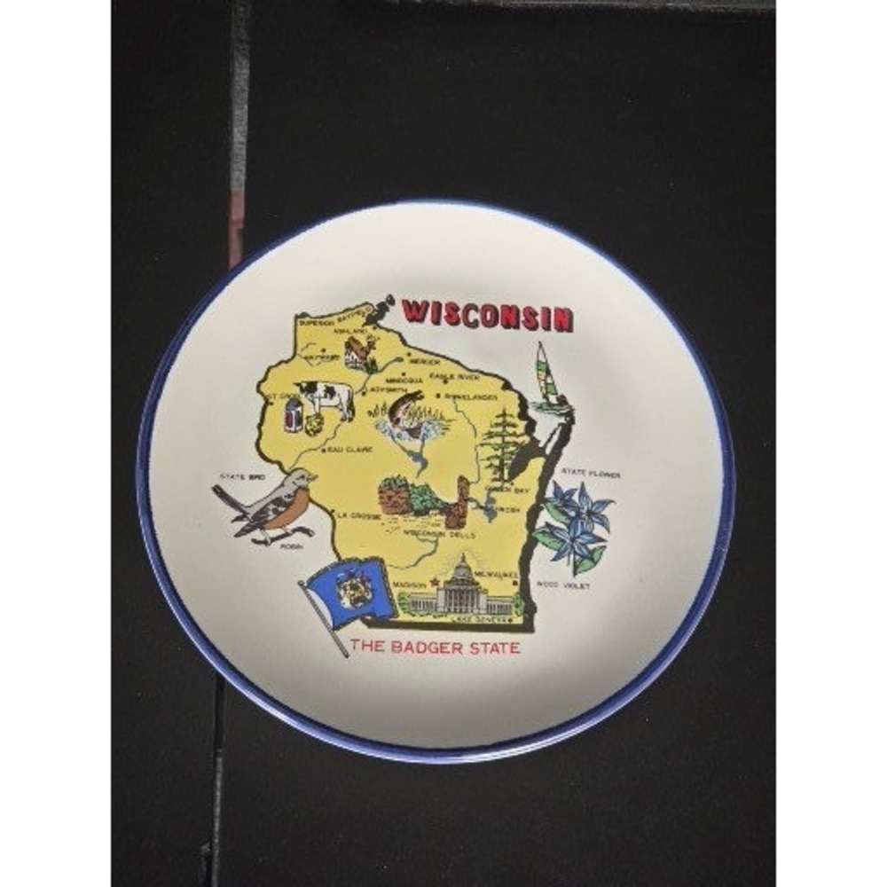 Vintage Lipco Wisconsin The Badger State Souvenir Map Collector Plate 5.25 Inch